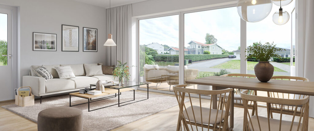 We Bygg Brf Vendela Interiör rendering vardagsrum och matsal 