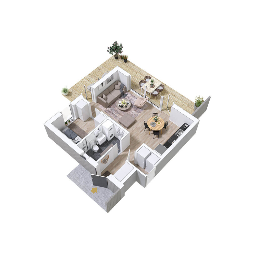 WE Bygg Brf Vendela lägenhet planlösning 3D 43,2-46,7 m2