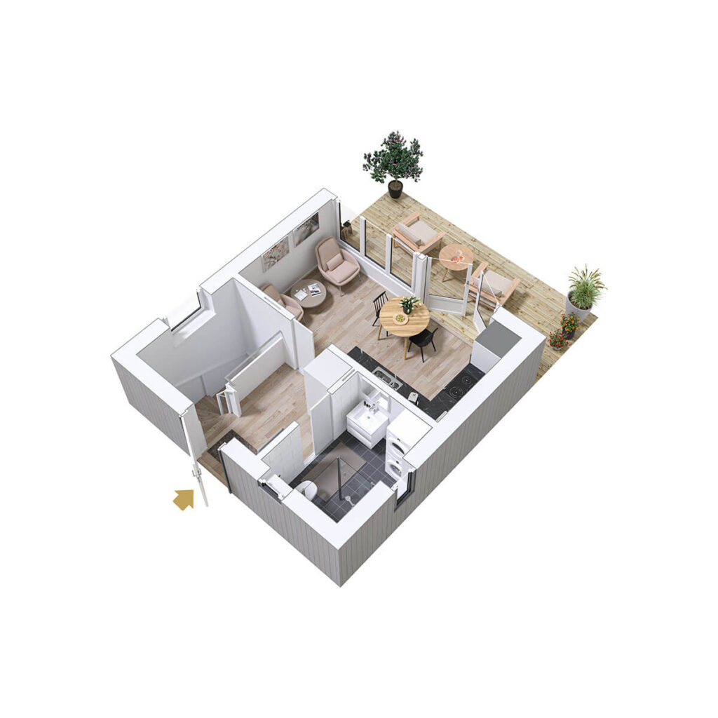 WE Bygg Brf Vendela lägenhet attefallshus planlösning 3D 2rok